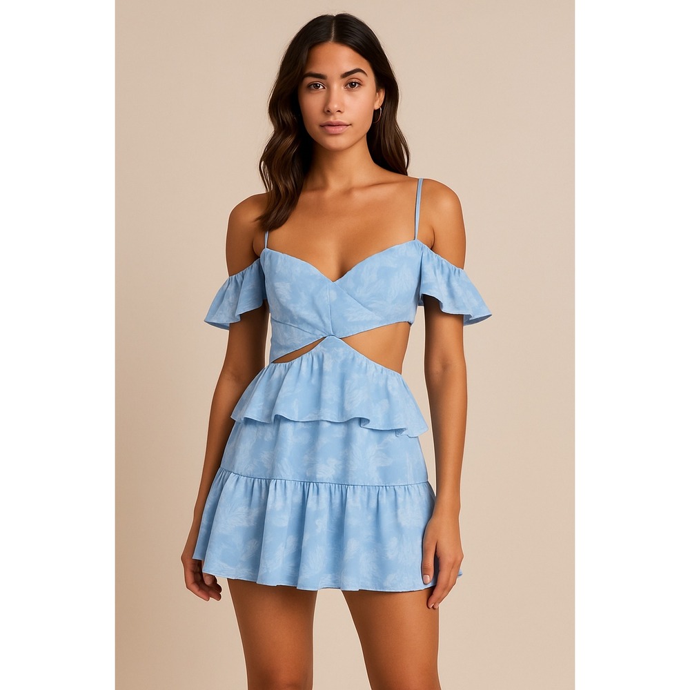 STUDIO 38‎ LA Sky Blue Floral Print Mini Dress Off Shoulder Ruffle Cutout Party